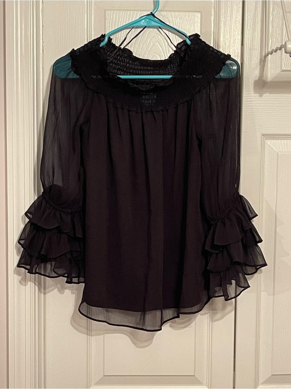 CeCe Black Sheer Ruffled Sleeve Blouse